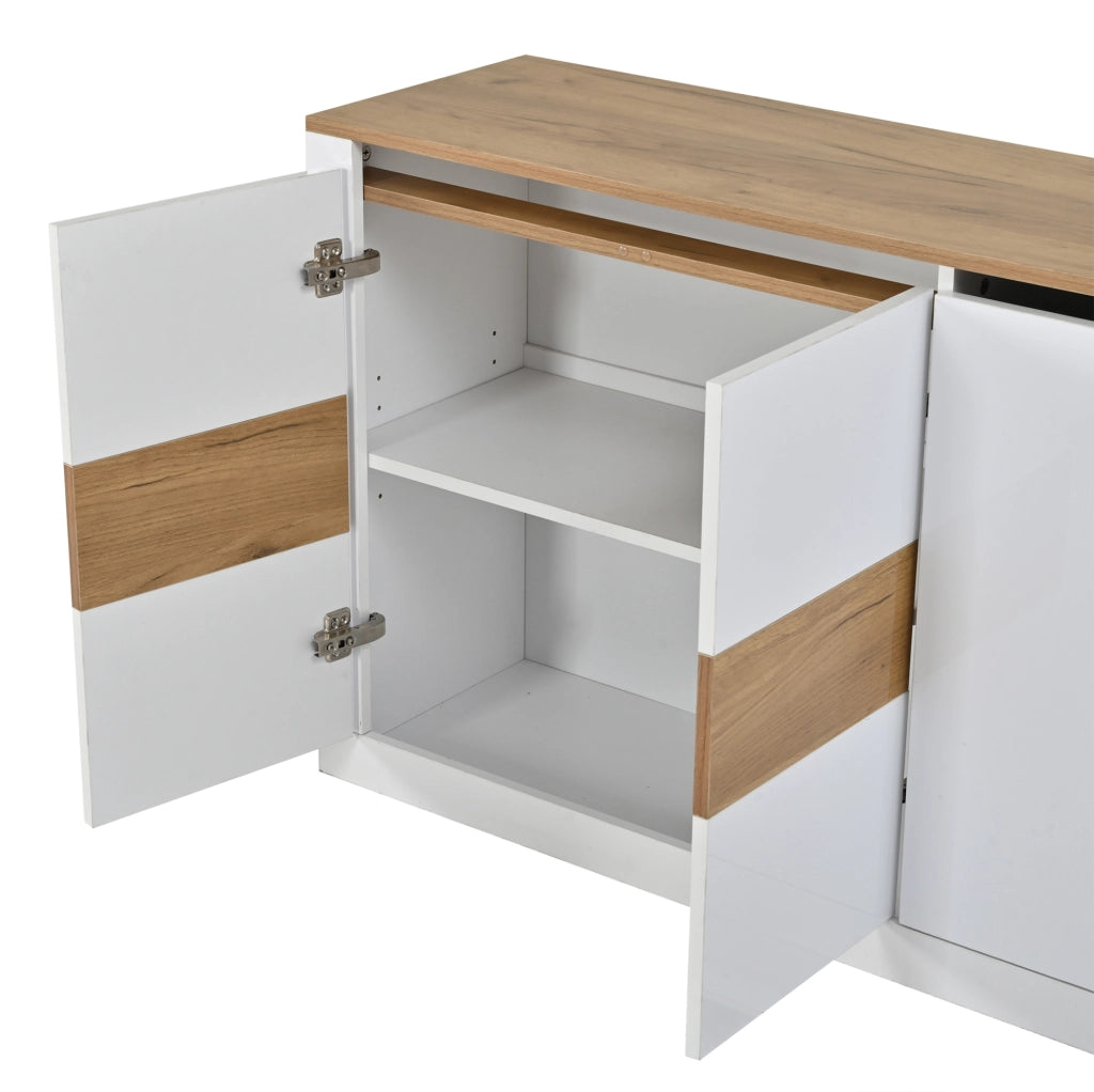 Sideboard moderno 140x35x70 cm in MDF con 4 porte e LED RGB; bianco e rovere naturale