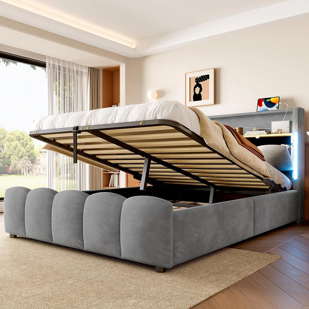 Letto 140x200cm?- Xylo - idraulico USB velluto grigio
