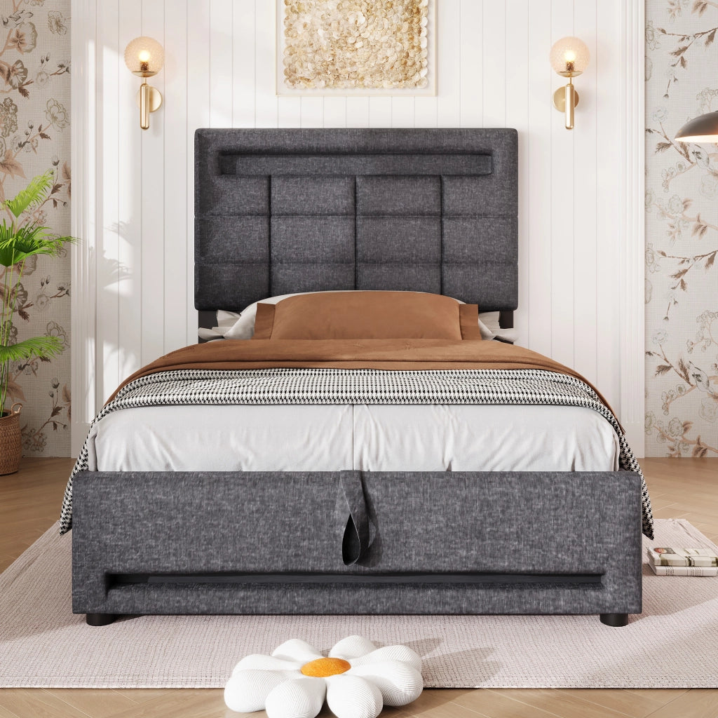 LETTO Contenitore 90x200 cm Lino Grigio con LED APP e USB
