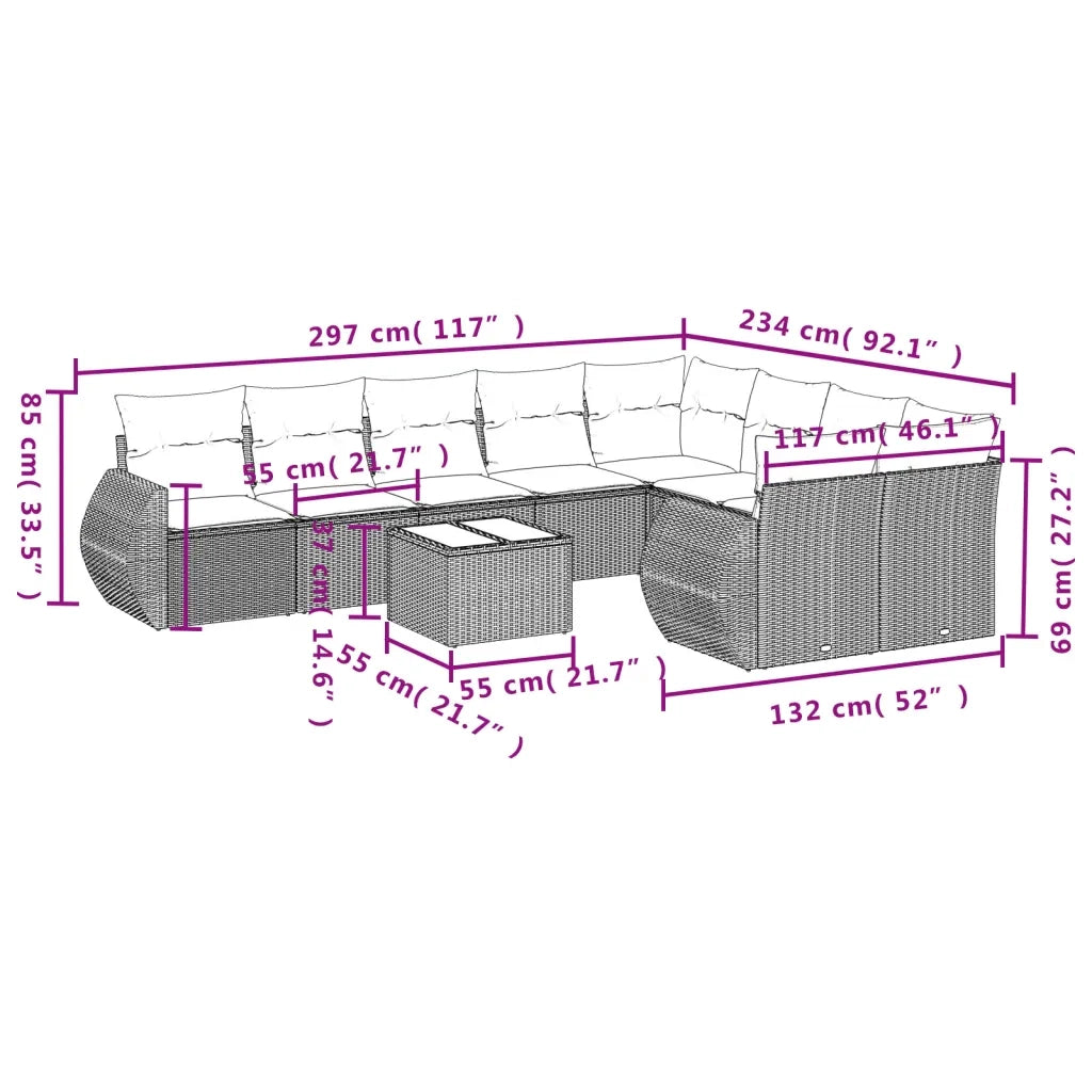 Set Divani da Giardino 10pz con Cuscini in Polyrattan Nero