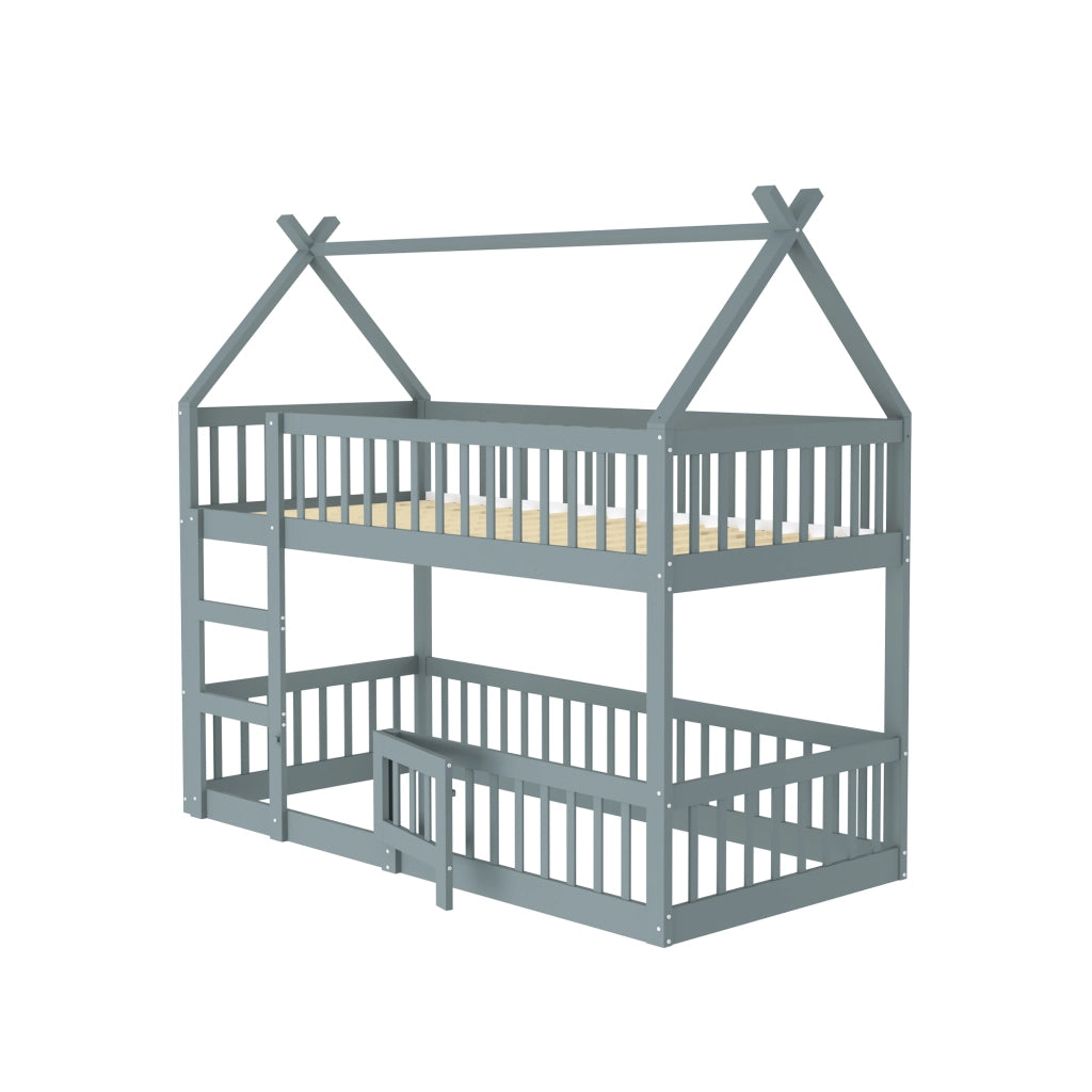 OKWISH Letto a Castello 90×200 cm, Letto Singolo con Scala, Sponde Alte e Porta Apribile, senza Materasso, in Legno, Grigio