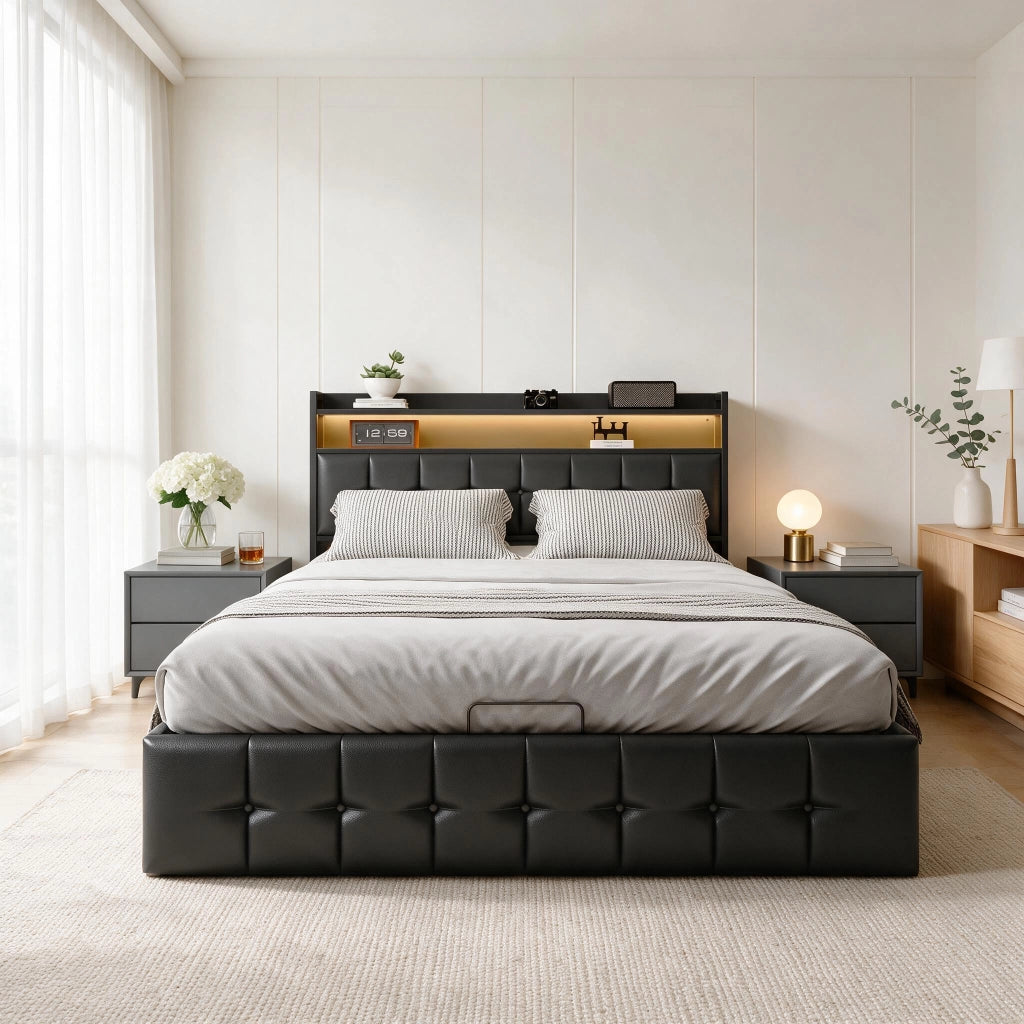 Letto matrimoniale 140x200 cm con contenitore LED USB testiera struttura letto MDF e PU - nero