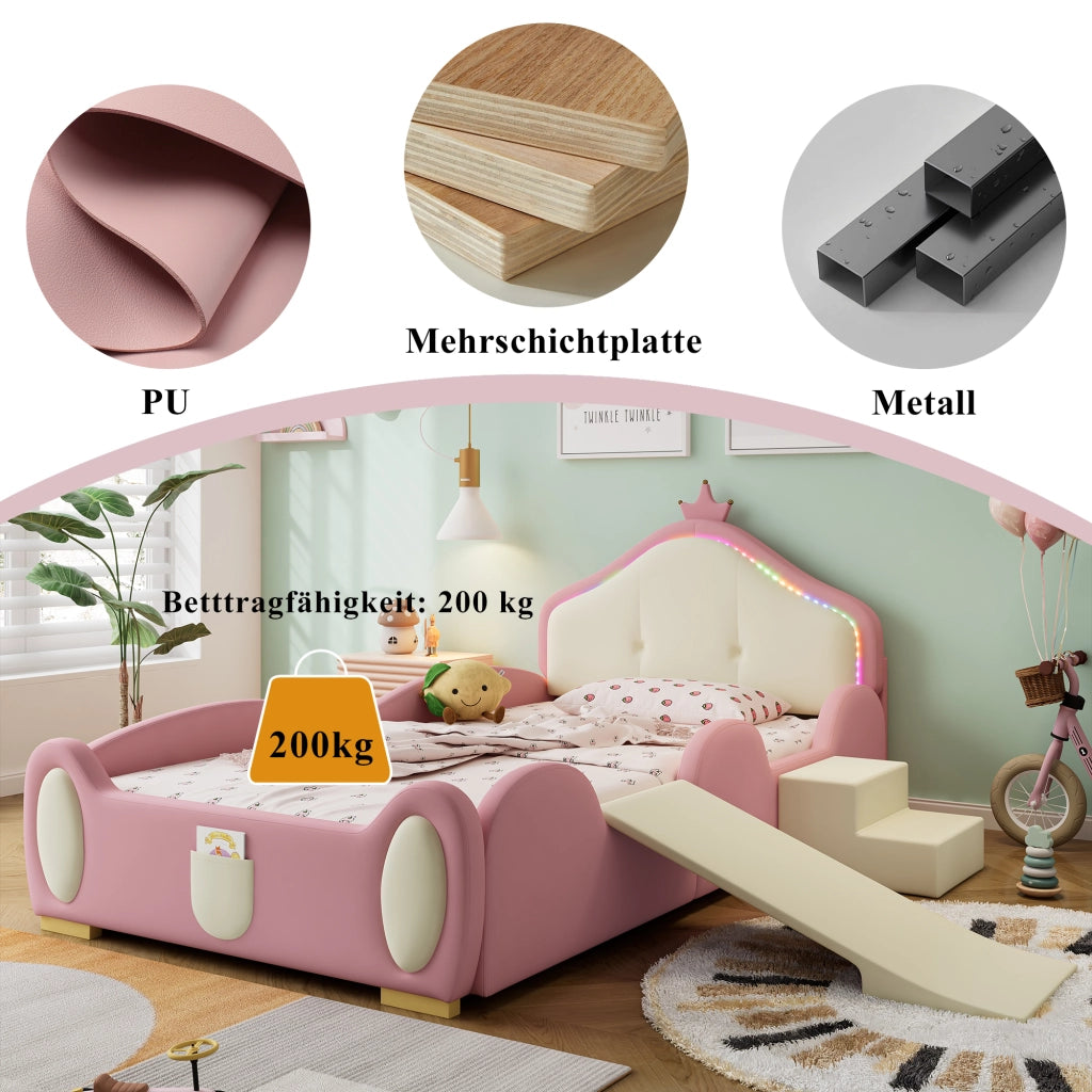 LETTO imbottito per bambini 90x200 cm PU rosa e beige con LED, scivolo e scala