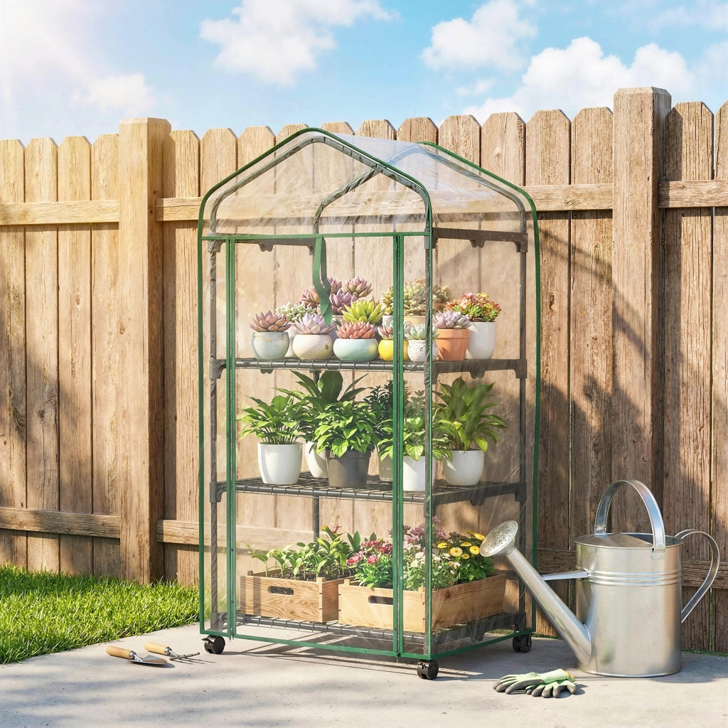 Serra da giardino mini con 3 ripiani ¨C Xylo ¨C PVC trasparente con ruote 69x49x130 cm
