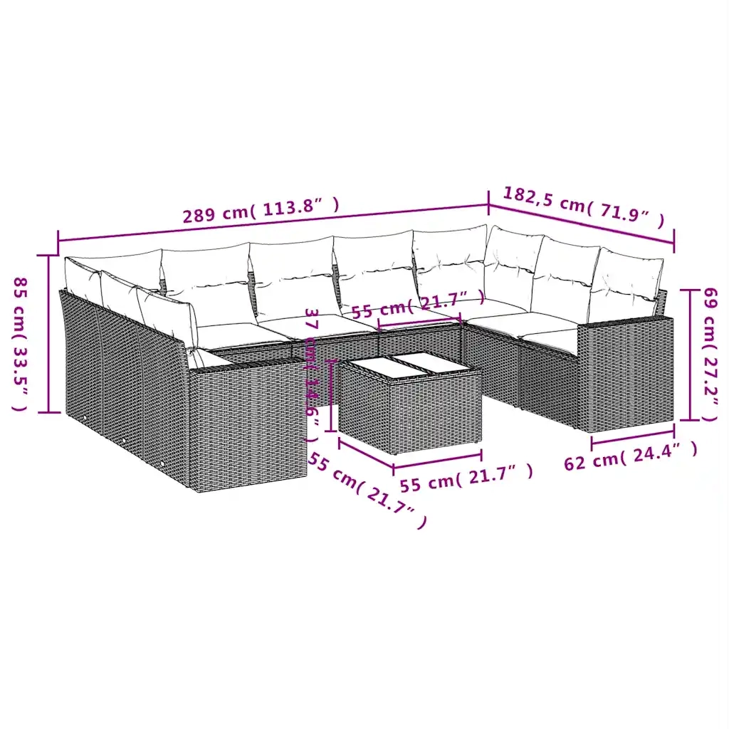 Set Divani da Giardino 10pz con Cuscini in Polyrattan Marrone 3251750