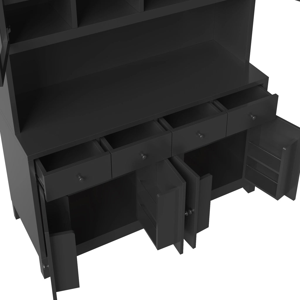 Credenza alta con 4 cassetti; ripiani regolabili e ante in vetro con LED RGB per cucina e soggiorno; 140×38.5×180 cm