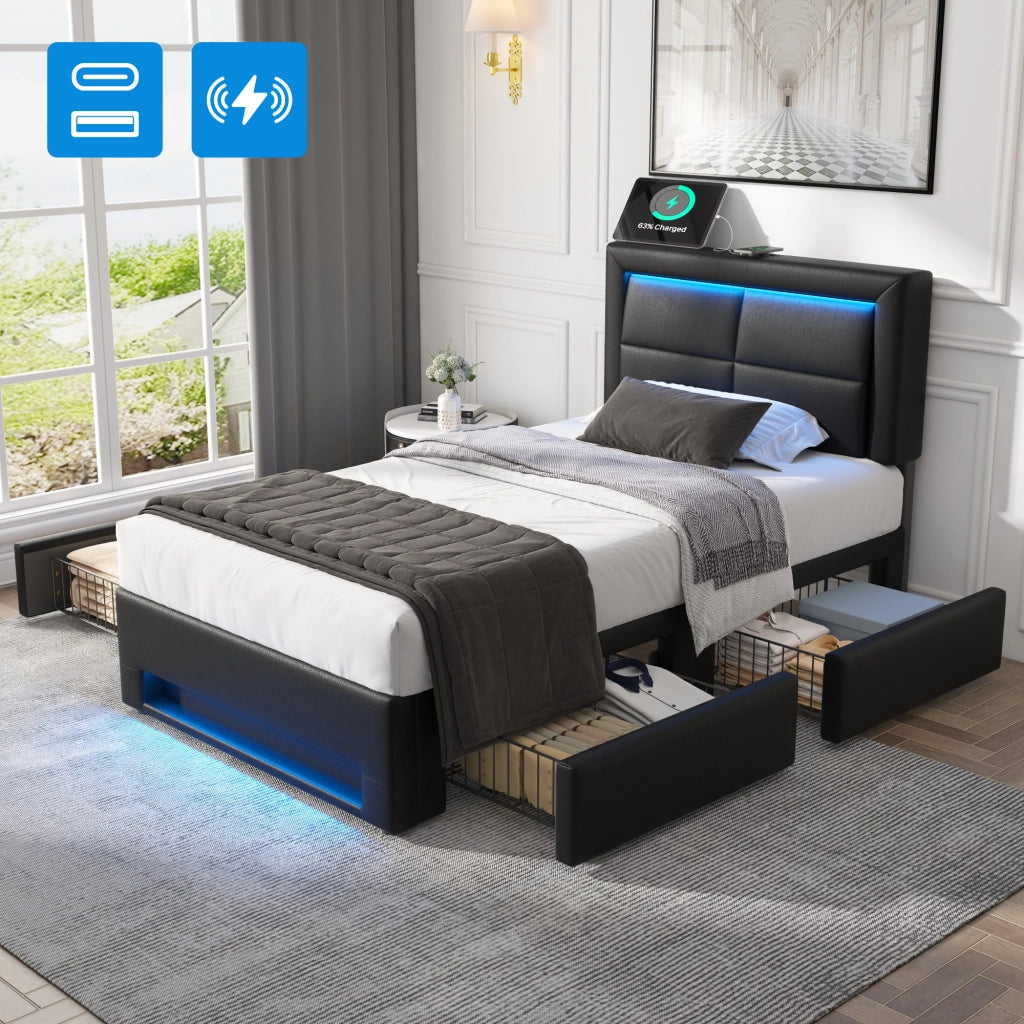 LETTO imbottito 90x200 cm nero in PU con USB, LED e 4 cassetti