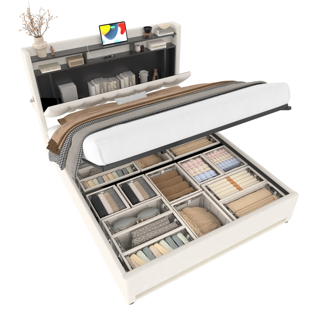 Letto Contenitore 140x200 cm con LED; USB e Type-C; Beige in Velluto