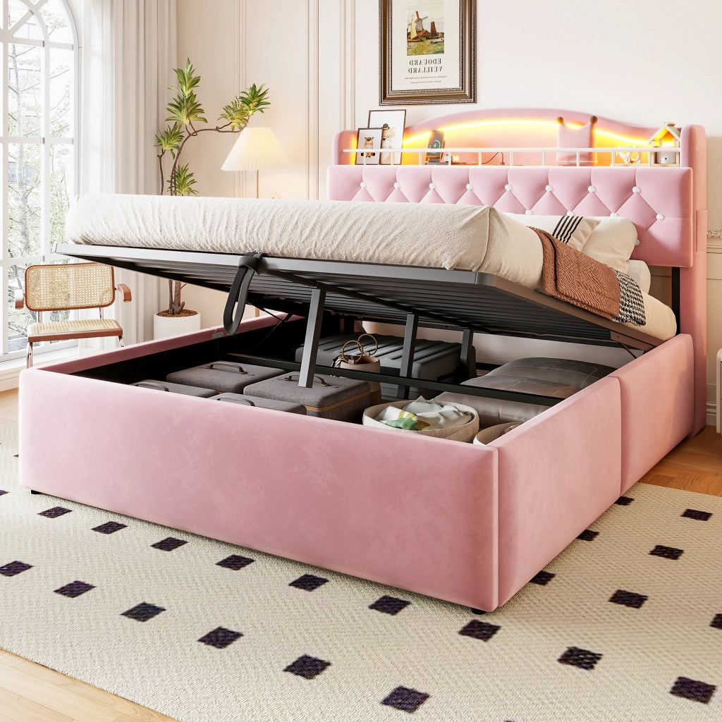 DESMIU Letto contenitore 140 × 200 cm 2 posti con LED, USB e USB-C, senza materasso, rosa