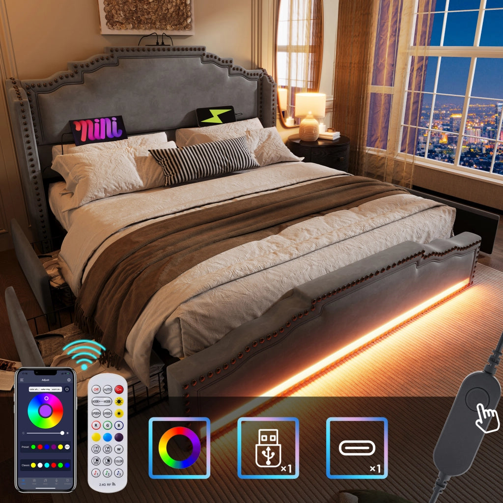 OKWISH Letto con Cassetti 140×200 cm, Letto Matrimoniale con 4 Cassetti, LED Regolabile e USB e Tipo C, senza Materasso, in Velluto, Grigio