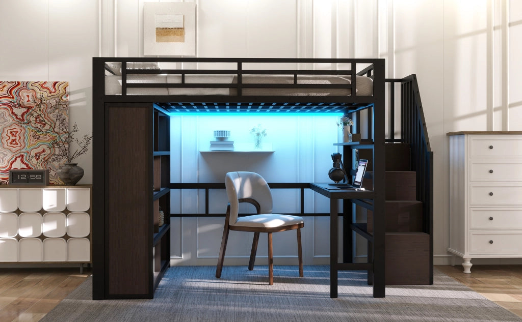 DESMIU Letto a soppalco matrimoniale con scrivania, mensole, gradini contenitore e LED regolabile 140 × 200 cm, senza materasso