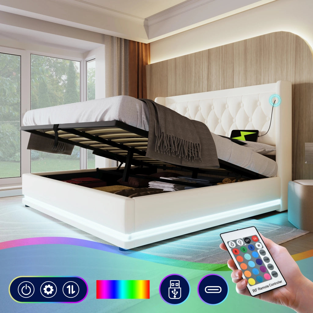 Letto contenitore matrimoniale 140×200 cm con LED; USB Type-C; testiera imbottita; materasso incluso; PU; bianco