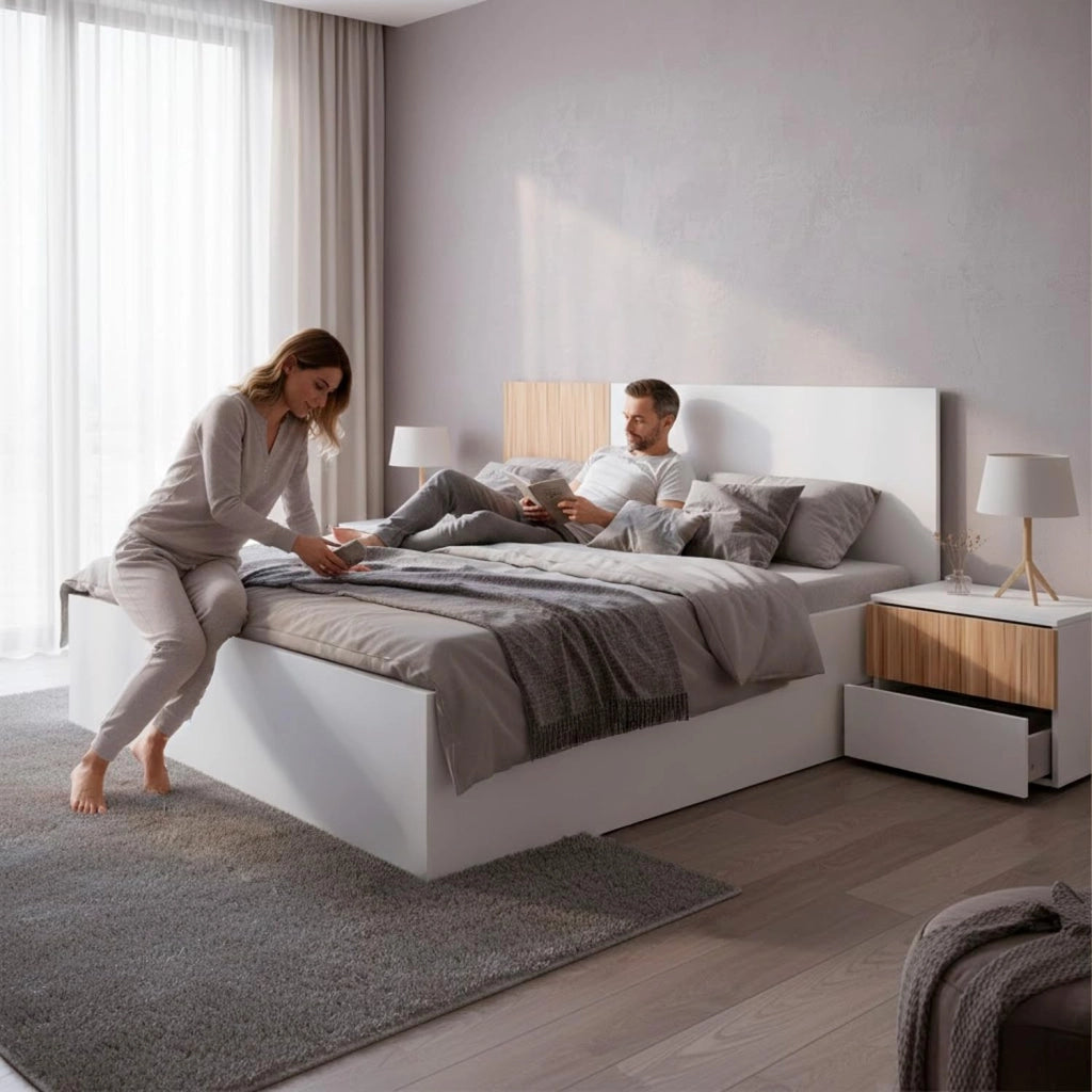 Testiera Matrimoniale Con Due Comodini Dotati Di Due Cassetti Design Scandinavo Con Fissaggio A Parete  160 Cm Bianco E Legno Naturale
