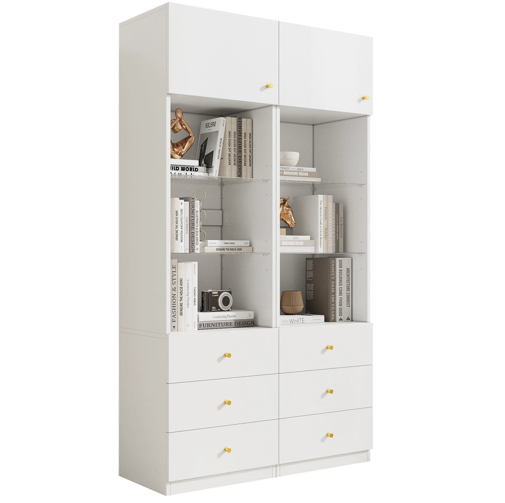 Set da 2 vetrine alte con ripiani in vetro regolabili e 3 cassetti; bianco; 100x40x180 cm