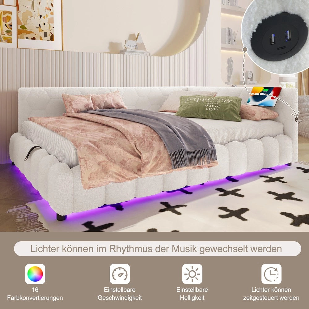 Letto Contenitore Imbottito con LED ¨C MINIMAL ¨C 90x200, Bianco, Idraulico, USB