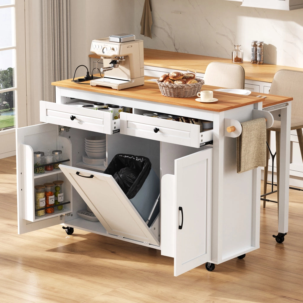 Desserte da cucina mobile con piano estraibile; vano aperto e scomparto per rifiuti per cucina; bianco; 120 × 40-75 × 92 cm