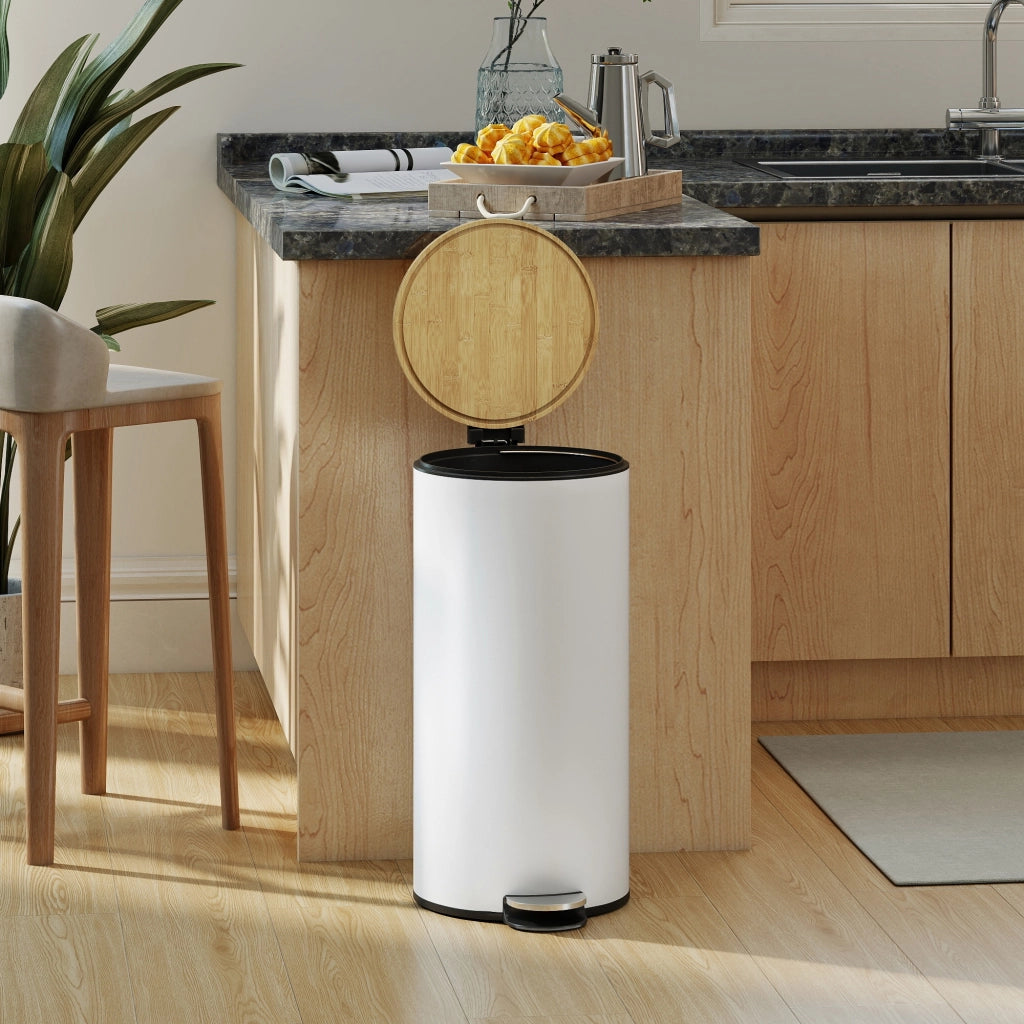 Cestino 30L con Pedale e Tappo in Bamb¨´ ¨C Zephmum ¨C Bianco