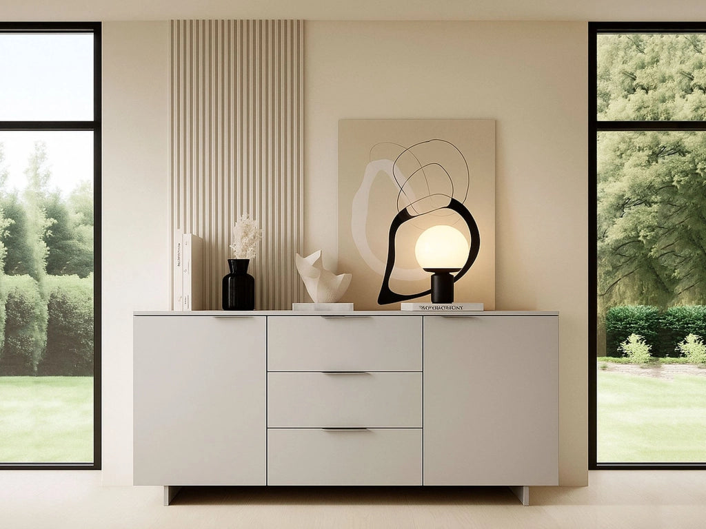 Credenza Neive, Madia da salotto con due ante battenti e tre cassetti, Rialzato da terra, 180x42 h90 cm, Beige