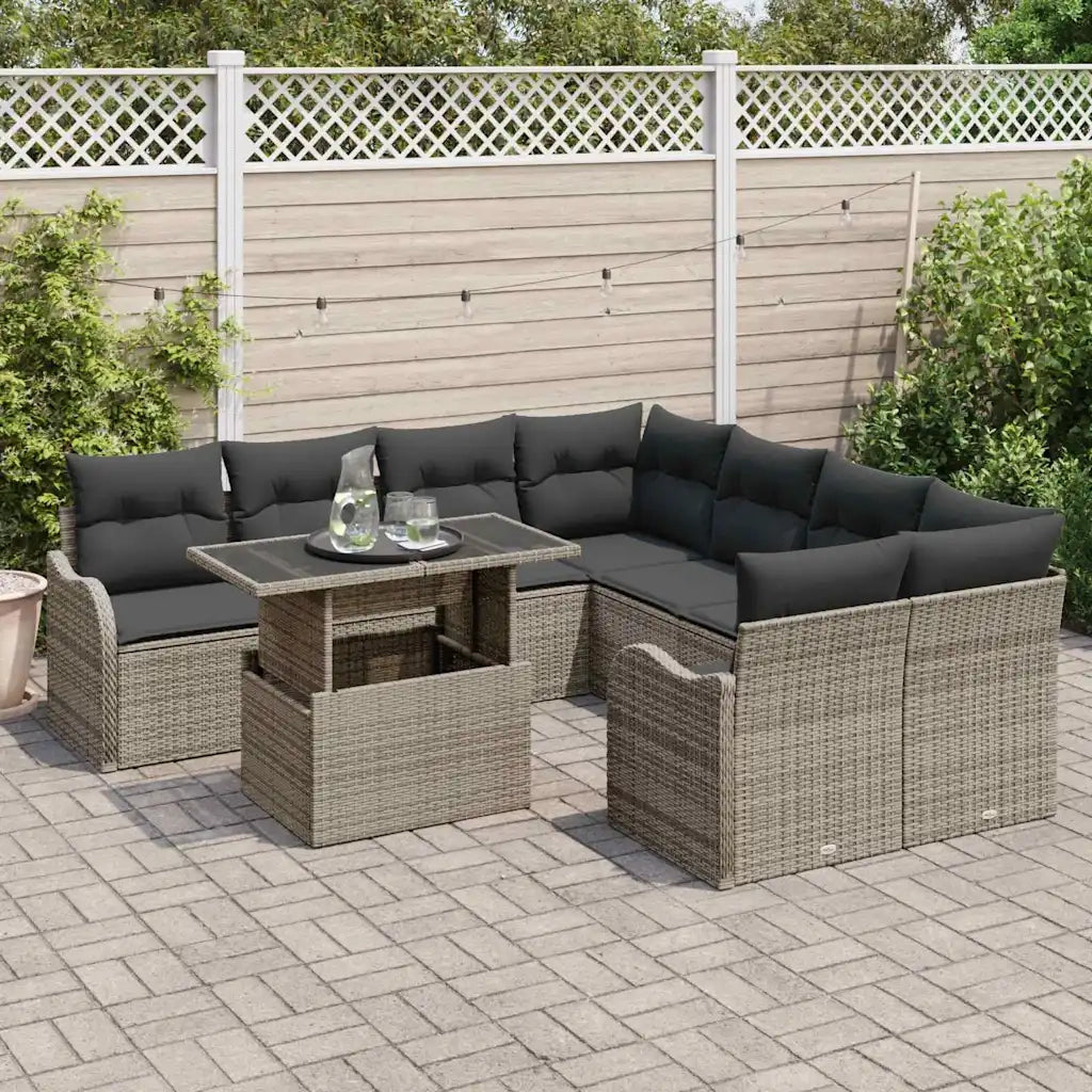 Set Divano da Giardino con cuscino 9 pcs Grigio Polyrattan
