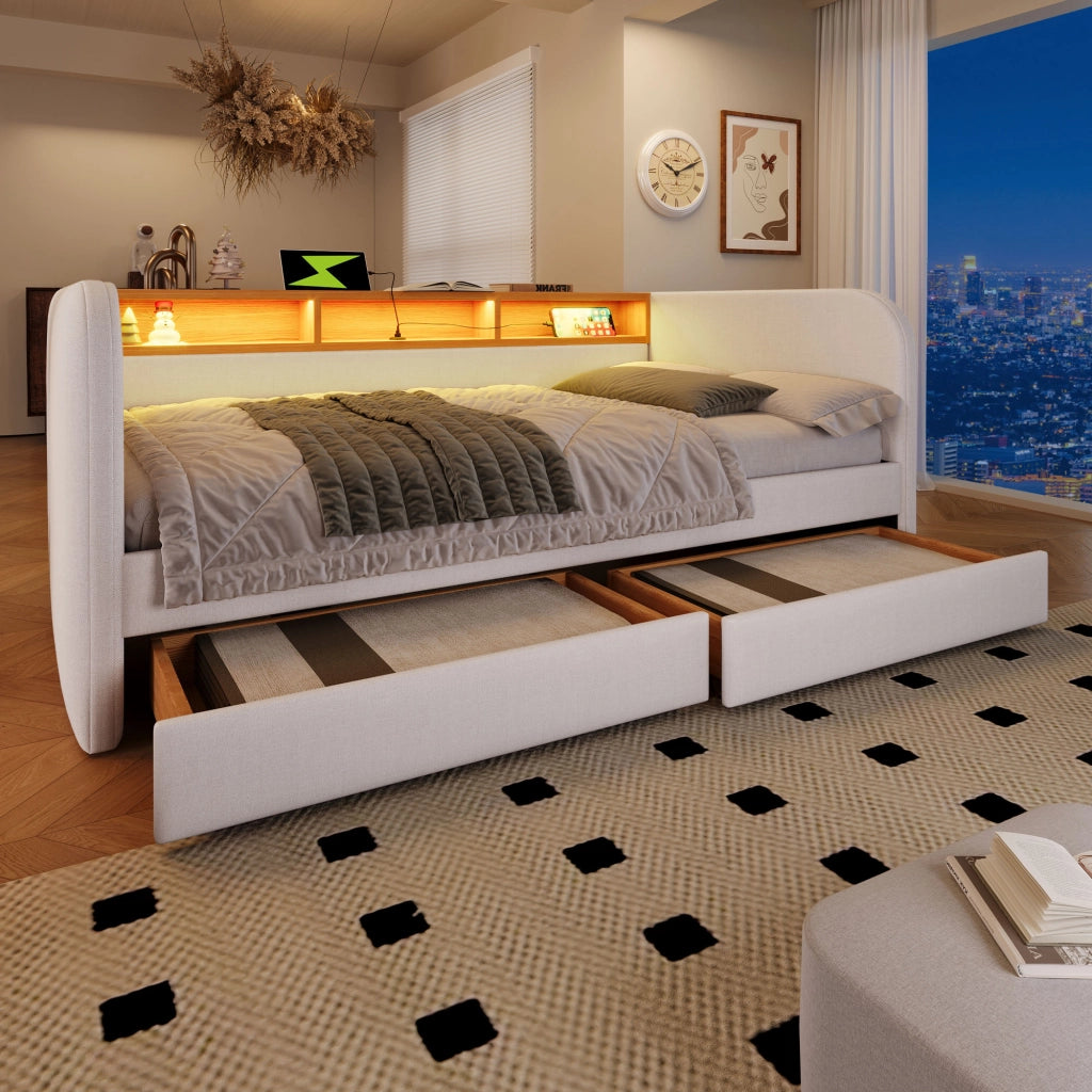 LETTO Imbottito 140x190 cm Beige con LED, USB-C e 2 cassetti