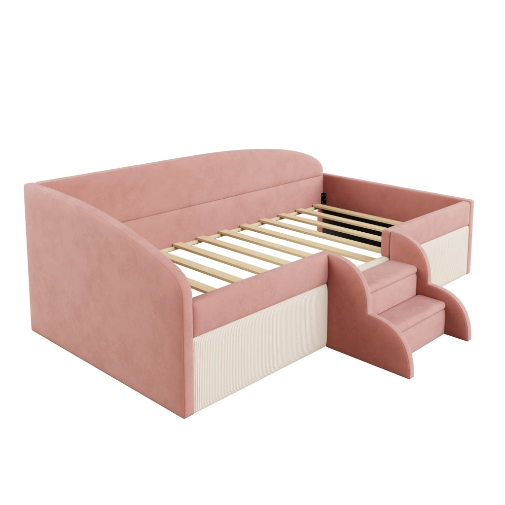 LETTO Imbottito con scalini e spondine 90x190 cm Velluto Rosa e Bianco