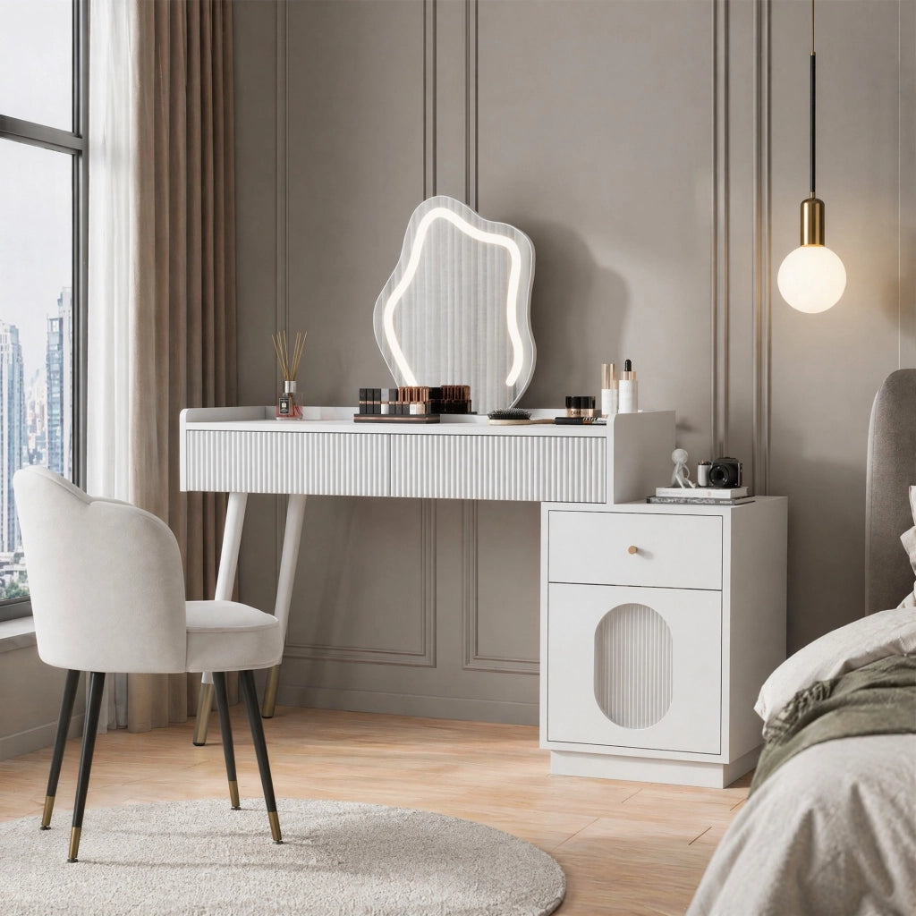 TOELETTA con LED e specchio, 100x75x40 cm, bianco, 2 cassetti