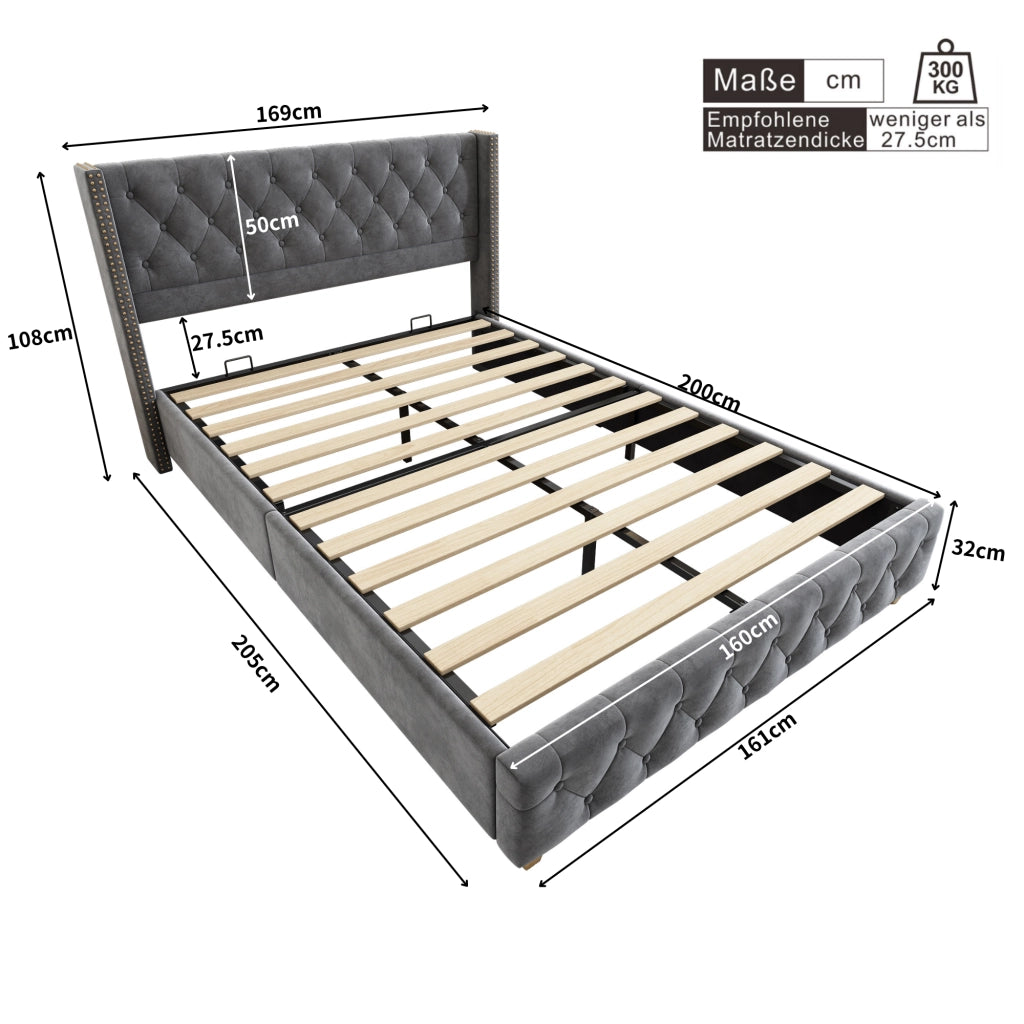 OKWISH Letto Imbottito 160×200 cm, Letto Matrimoniale con Testiera Trapuntata, Borchie Decorative e Piedi in Legno, senza Materasso, Grigio