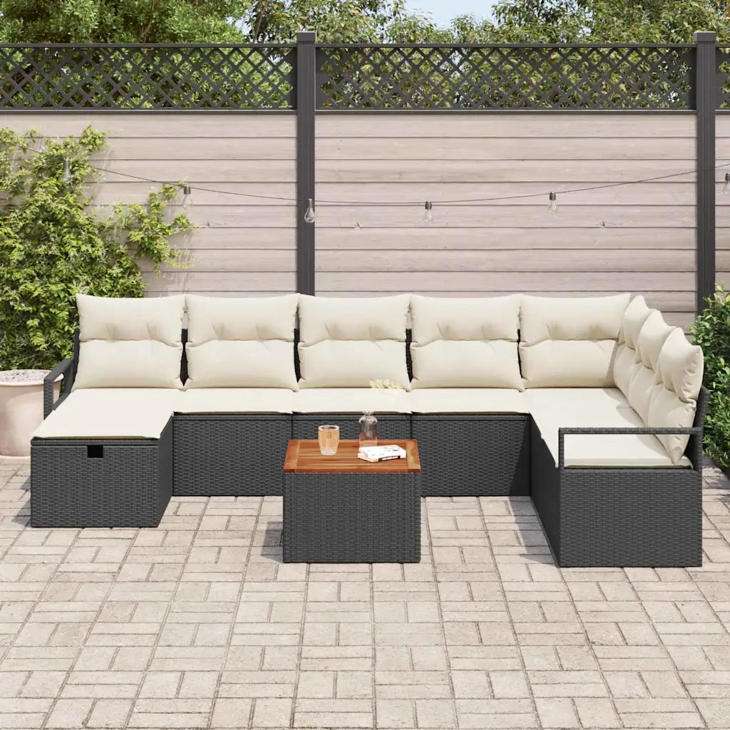 Set Divano da Giardino con cuscino 9 pcs Nero polyrattan