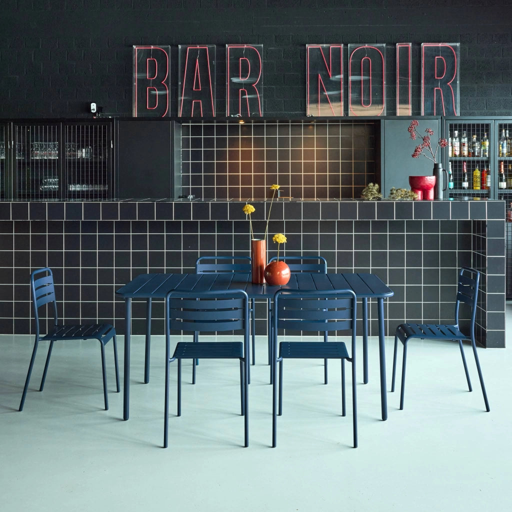 Set tavolo da giardino bistrot in acciaio con 6 sedie, 160cm, blu navy