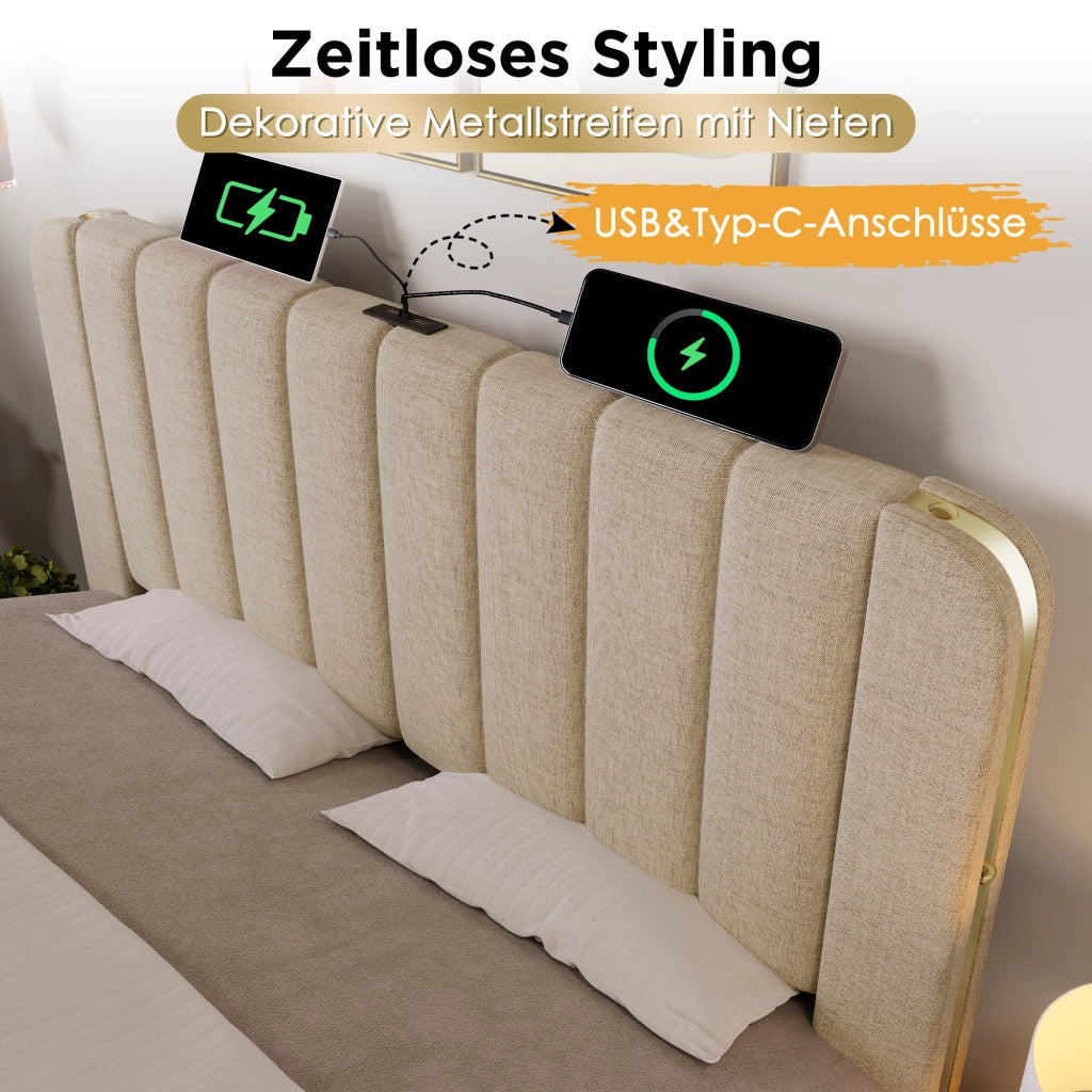 letto imbottito lino beige 90 x 200 cm