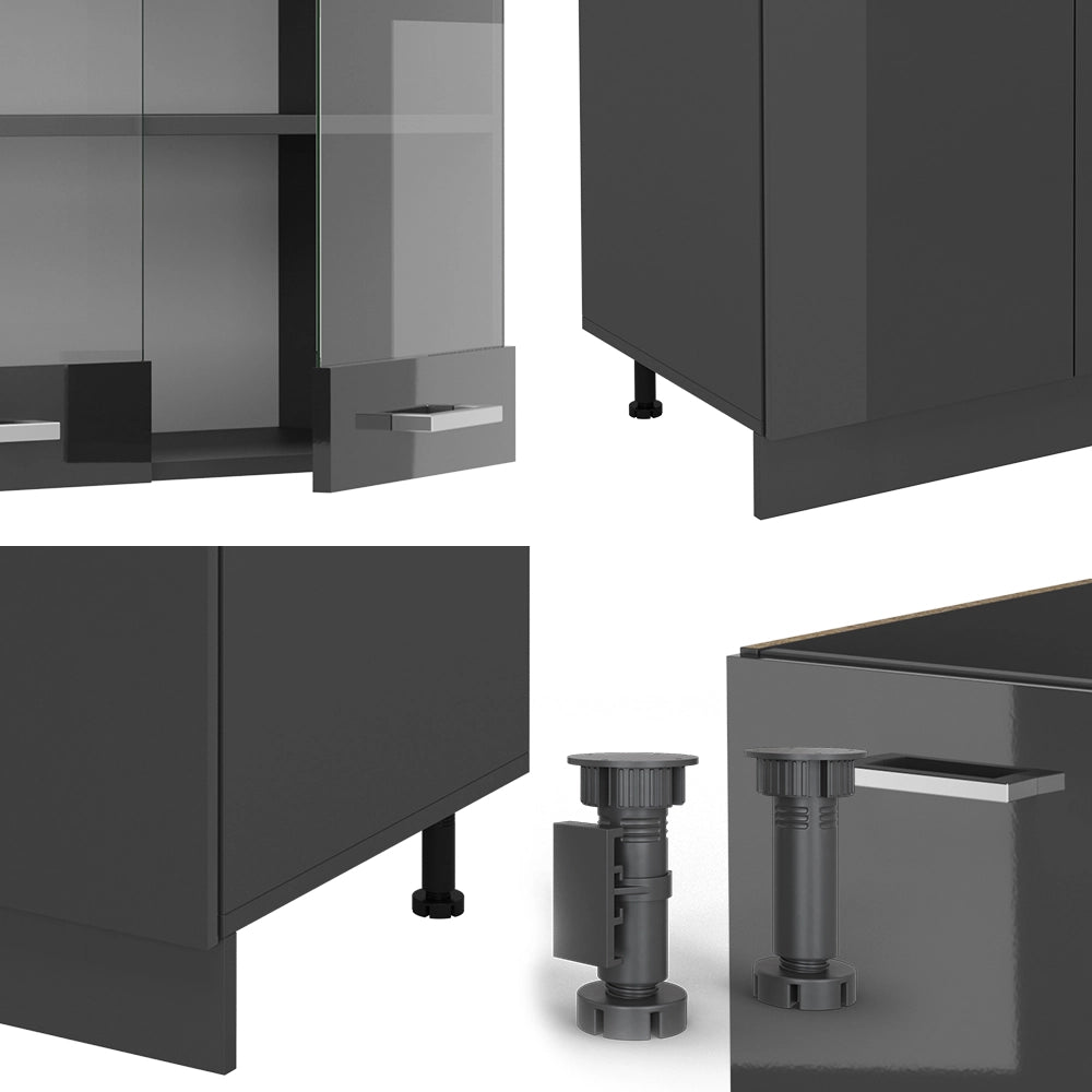 Cucina componibile R-Line Antracite lucido/Antracite 300 cm con armadio alto, PL Antracite Vicco