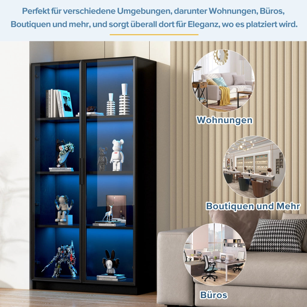 VETRINA con LED APP 80x40x160 cm Nero in Truciolare con 2 Ante in Vetro