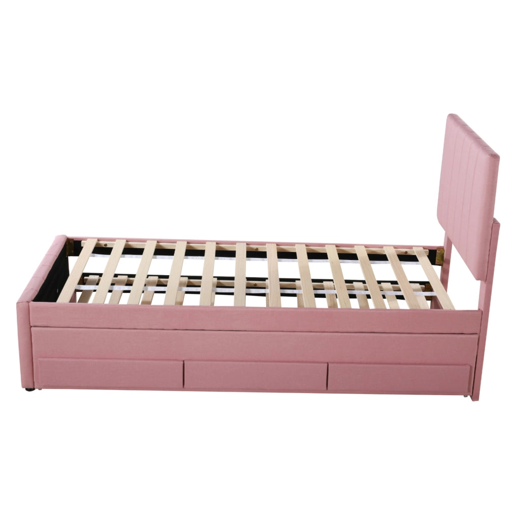 Letto imbottito multifunzione con letto estraibile e 3 cassetti, colore rosa