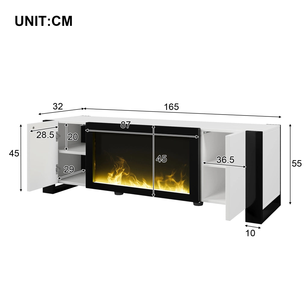 OKWISH Mobile TV con 2 Ante e Ripiani, Camino Elettrico con Effetto Fiamma senza Riscaldamento, per Soggiorno, 165 x 32 x 55 cm