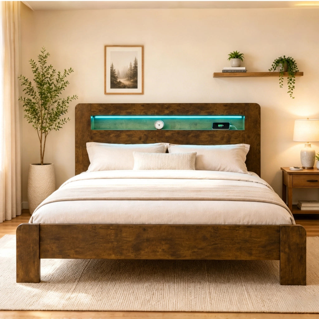 DESMIU Letto matrimoniale 180 × 200 cm con vano portaoggetti, LED e prese integrate, senza materasso, legno vintage