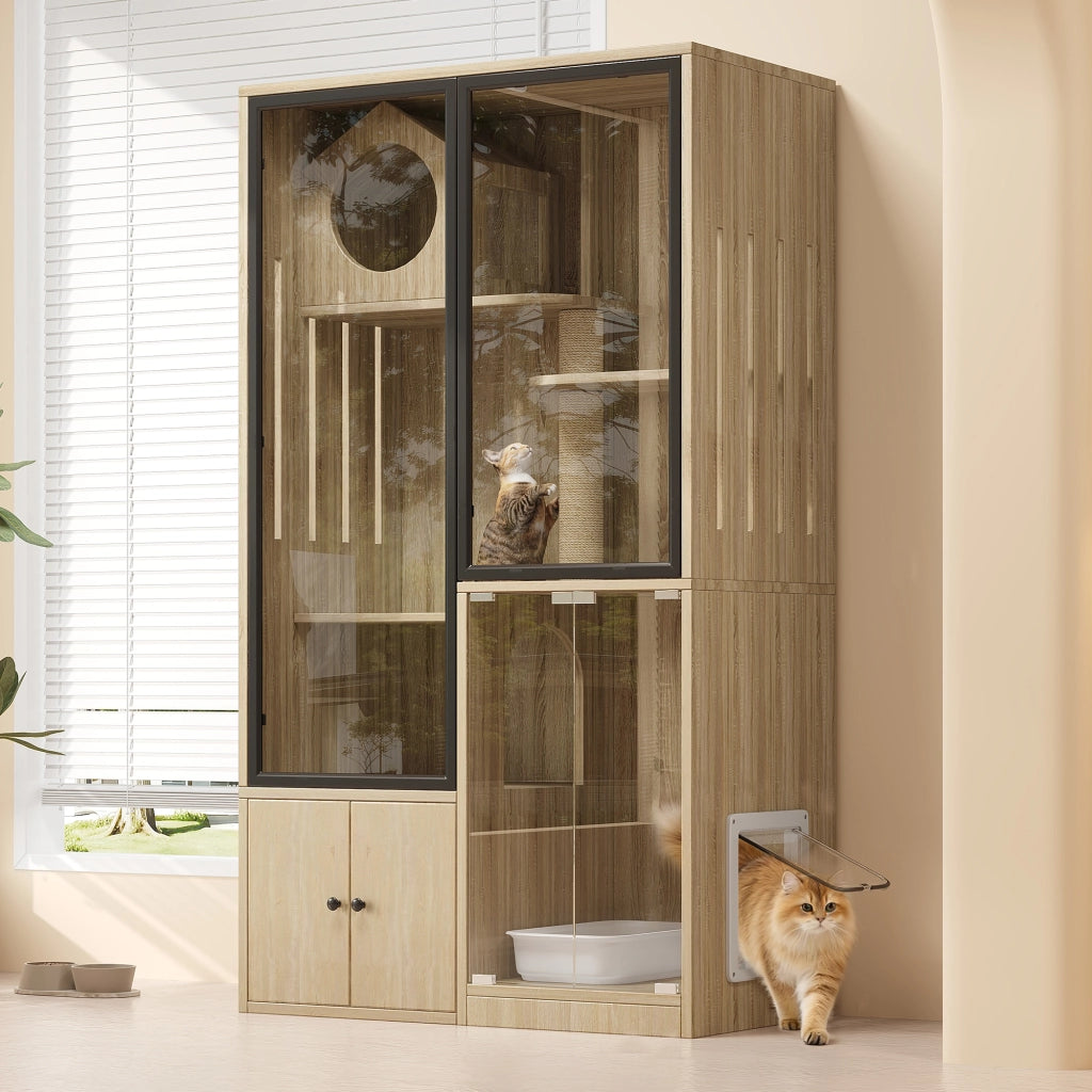 Mobile per gatti a più livelli con porta bloccabile e tiragraffi, in MDF e vetro, finitura naturale, 90 × 50 × 160 cm