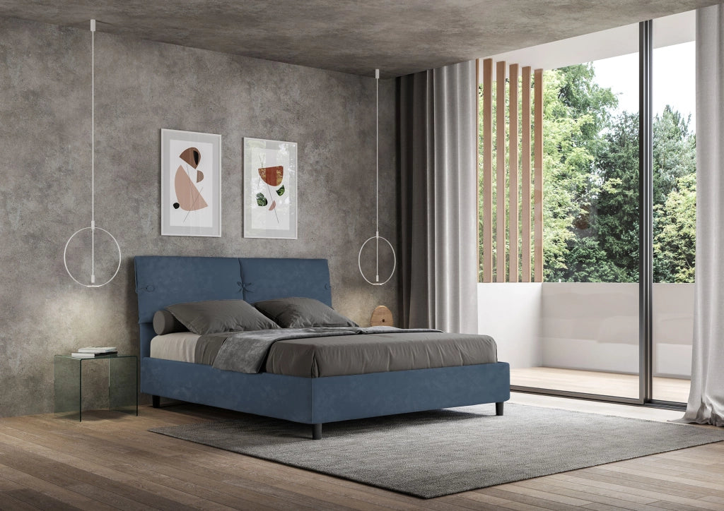 BS COM Letto matrimoniale senza rete imbottito 160x200 microfibra blu