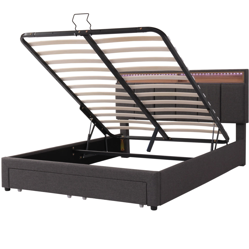 Letto adulto 140×200 cm con contenitore; LED; letto matrimoniale; senza materasso; in lino grigio