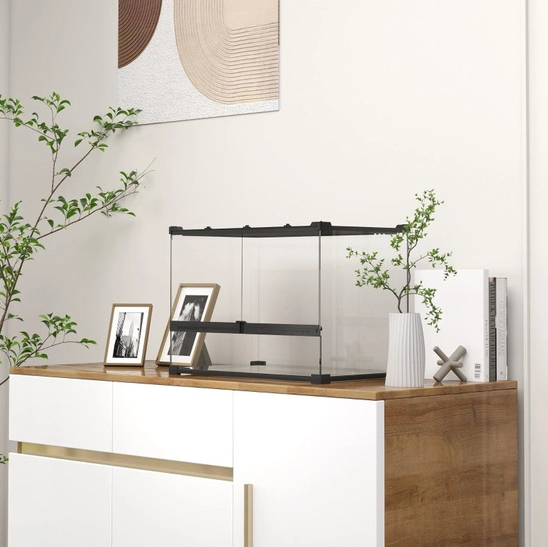 Terrario in vetro per rettili con base impermeabile, ventilazione e chiusure di sicurezza
