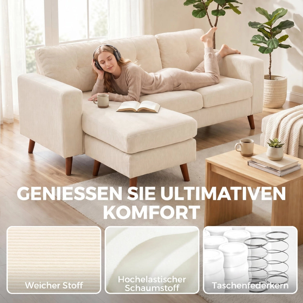 Divano angolare 3 posti con chaise longue reversibile ¨C Minimal ¨C Tessuto crema