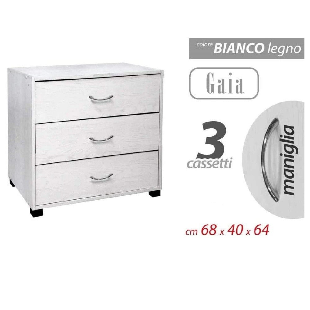 Trade Shop - Mobile Cassettiera Comodino Comò Gaia 3 Cassetti Bianco Legno 68x40x64cm 768675 -