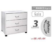 Trade Shop - Mobile Cassettiera Comodino Comò Gaia 3 Cassetti Bianco Legno 68x40x64cm 768675 -