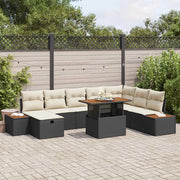 Set Divano da Giardino con cuscino 9 pcs Nero polyrattan