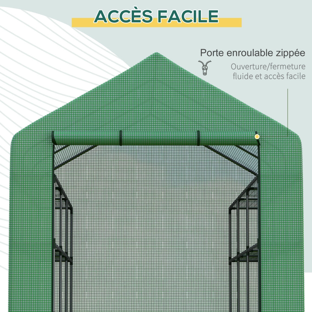 Serra da giardino con scaffali 3 livelli porta avvolgibile acciaio 244x180x210 cm verde ¨C Xylo