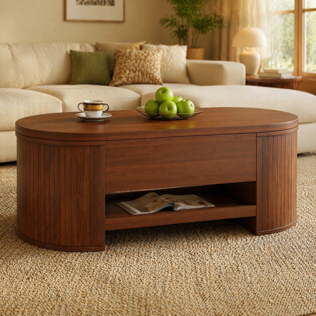 Tavolino da salotto sollevabile con spazio contenitivo e ripiano scorrevole per soggiorno, in MDF, noce naturale, 110 × 55,5 × 40 cm