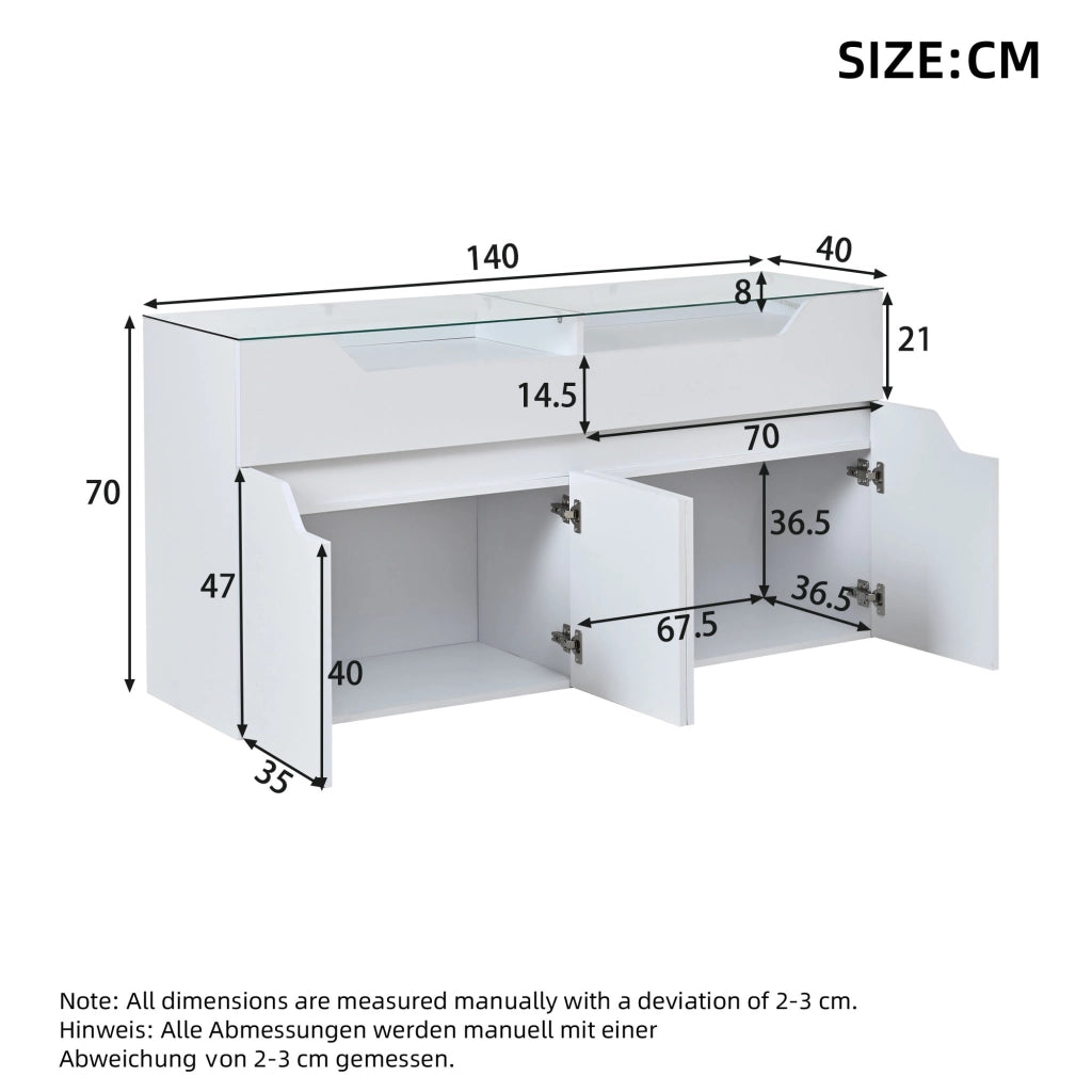 Madia con 2 cassetti e piano in vetro temperato con LED per soggiorno e ingresso; in MDF; bianco; 140×40×70 cm