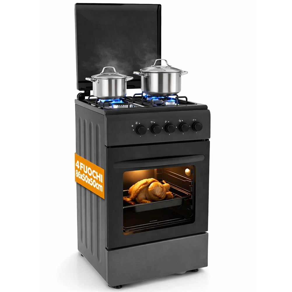 Cucina a Gas Piano Cottura a 4 Fuochi da Esterno Forno Cucinino Nero 86x50cm