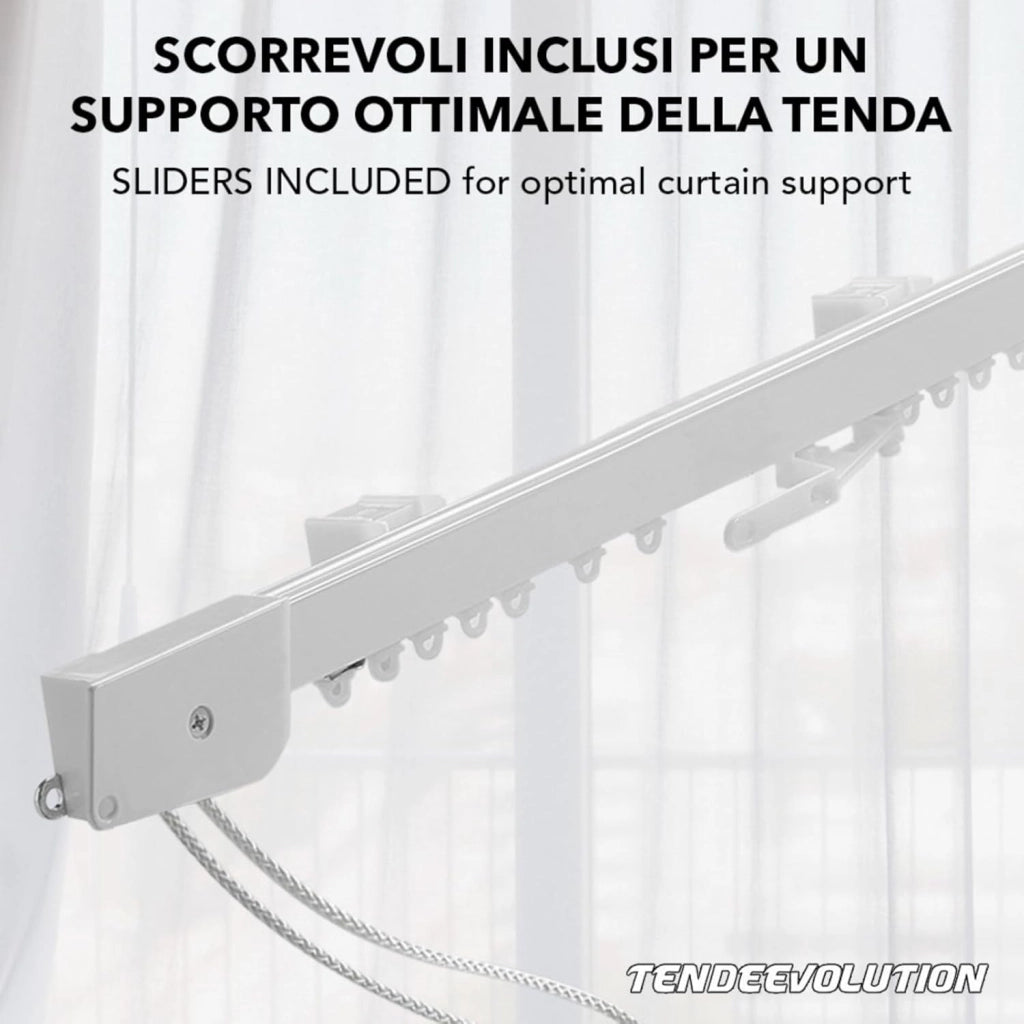 Binario Scorritenda Lineare da Soffitto in Alluminio Bianco con Movimento a Corda Apertura Centrale - Riloga Bastone per Tenda 180cm
