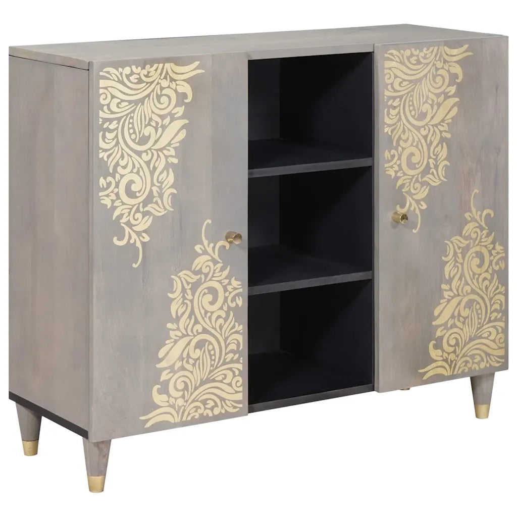 Credenza | Madia | Buffet da pranzo | Armadio da pranzo Grigio e Oro 90 x 33 x 75 cm Legno di mango massello