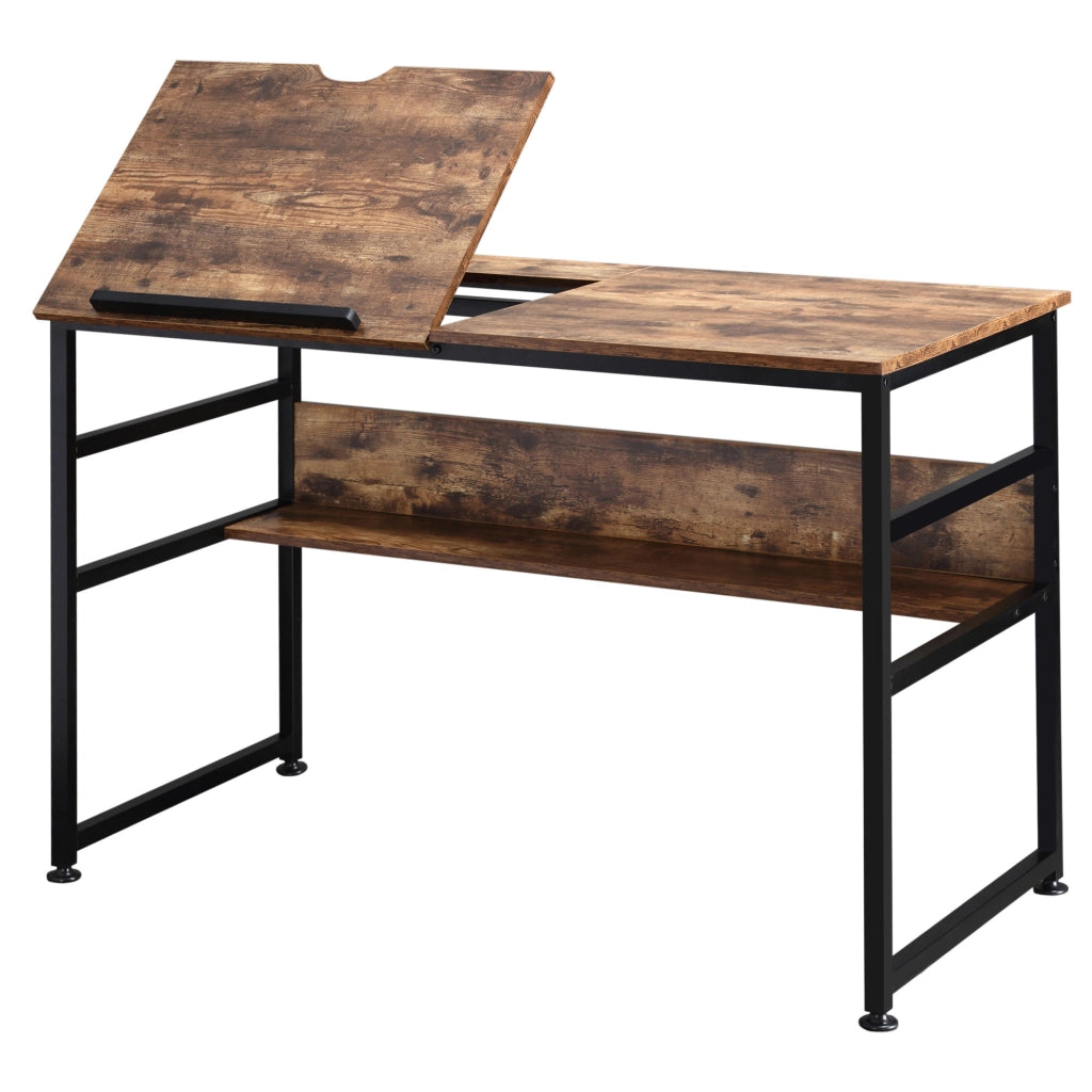 Tavolo da disegno inclinabile ¨C zephmum ¨C design industriale, piano regolabile, ripiano, effetto legno vecchio, metallo nero